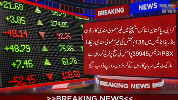 Karachi-Stock Exchange records a sharp decline of 138 Points,PSX100 index is trading at39,945 Points,Loss of crores of rupees to investors.